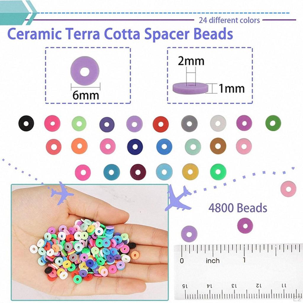 24 Grid Clay Beads 6mm Flat Round DIY Collection and Elastic String Vivid Colors Sizes