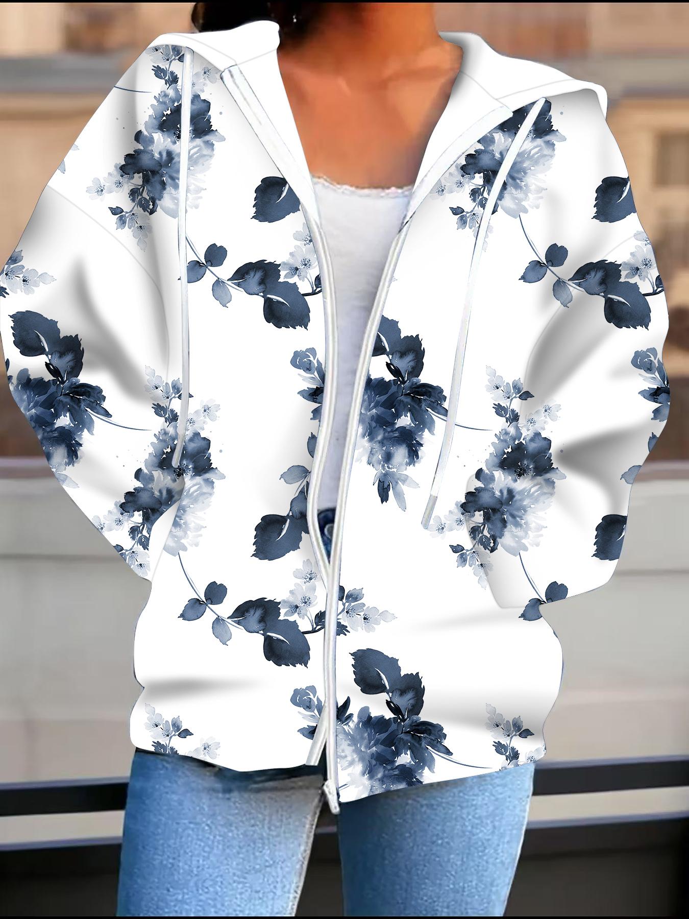

Flower 3D Printed Hooded Cardigan Plus Size Autumn Winter Retro 1XL синий