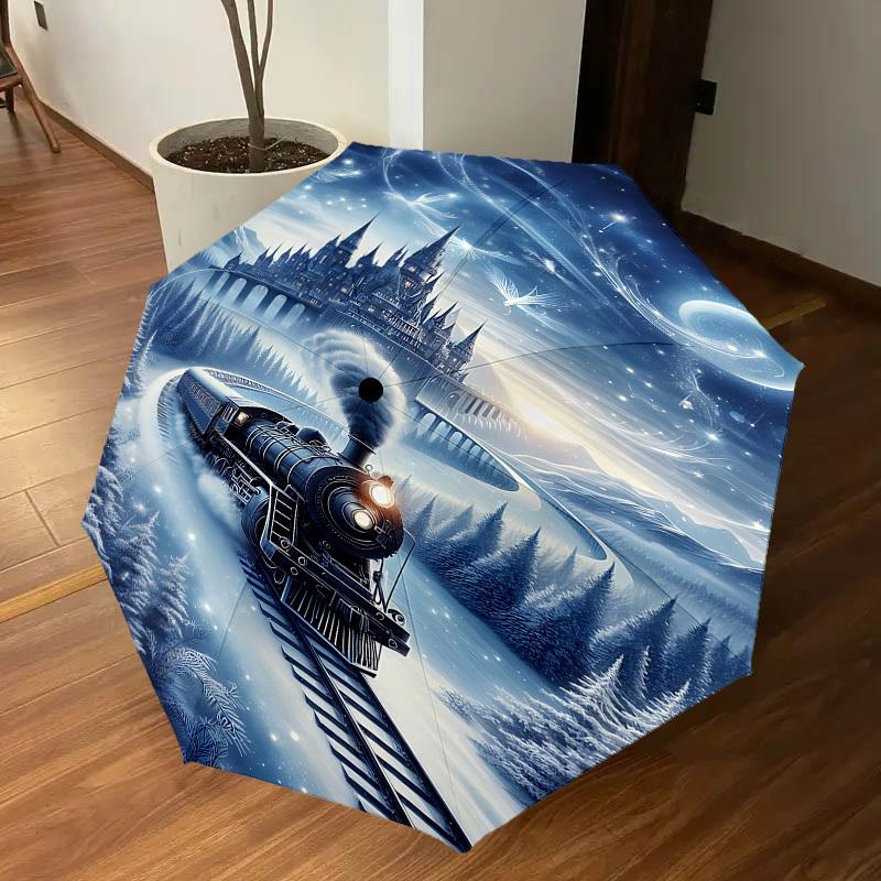 1PC Castle Train Automatic Open/Close Umbrella with Windproof, 8-Rib Sturdy Canopy, Durable Ribs, Fashionable Design, Outdoor Accessory, Fun Prin, Hol