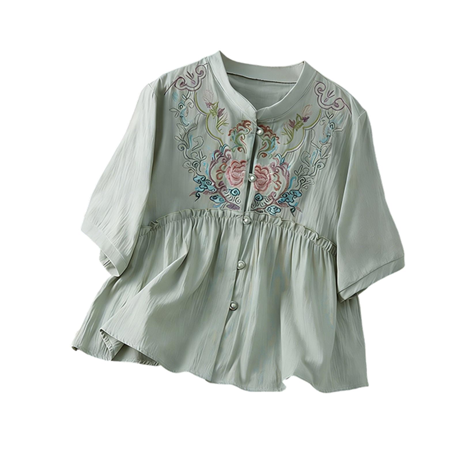 Women s Retro Loose Fit Linen Cotton Blouse With Buttons And Embroidery L