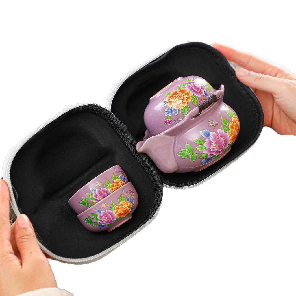 Ru Kiln Beige Travel Tea Set One Pot Three Cups Portable Blue and White Ceramic Hand Grab Pot Gift