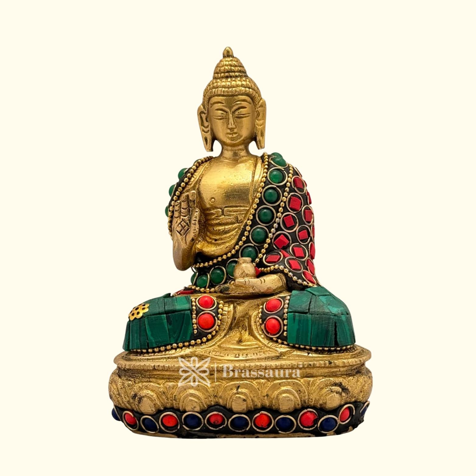 

100% Pure Brass Gem Stone Work Meditative Buddha Idol For Home & Decor - 13 Cm