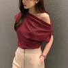 Irregular Slanted Shoulder Design Sense Loose Solid Color Pullover Short Sleeve T-Shirts Women’s