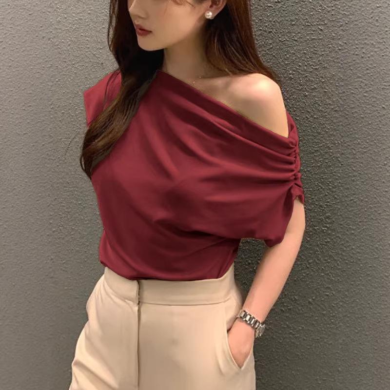 Irregular Slanted Shoulder Design Sense Loose Solid Color Pullover Short Sleeve T-Shirts Women’s