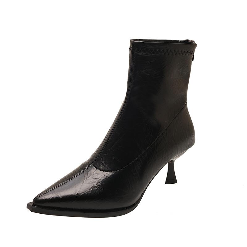 Europäische und amerikanische spitz zulaufende dünnabsatzige hochhackige Stiefeletten für Damenstiefel, neue höhenverstärkende vielseitige weiche Lederstiefeletten für