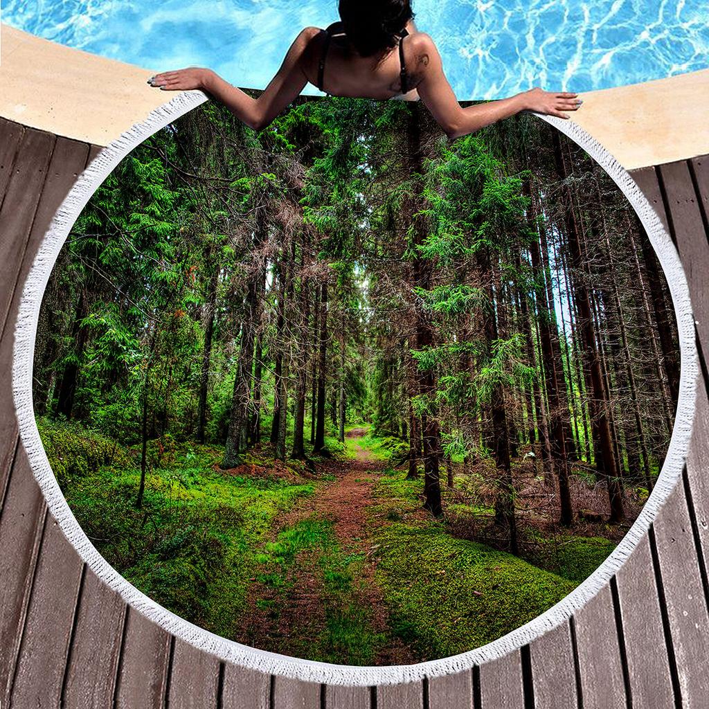 Forest Round Beach Towel Natural Scenery Beach Blanket with Tassels Microfiber Country Woodland Tree Circle Bath Towel Yoga Mat