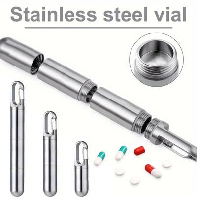 Portable Pill Box Keychain Small Waterproof Stainless Steel Pill Bottle Holder Organizer Medicine Container for Travel Outdoor Sports Men