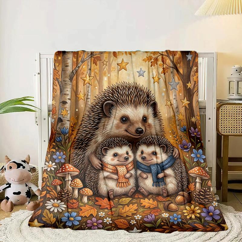 Autumnal Hedgehog Family Blanket Flannel Blanket Throw Blanket Sofa Cover Blanket Soft Premium Blanket Picnic Blanket Tv Blanket Gifts