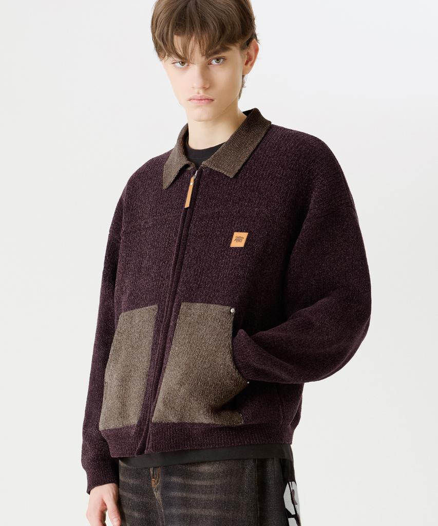 TRILLION Color Work Collar Zip-Up Knit Jacket [Purple Brown]