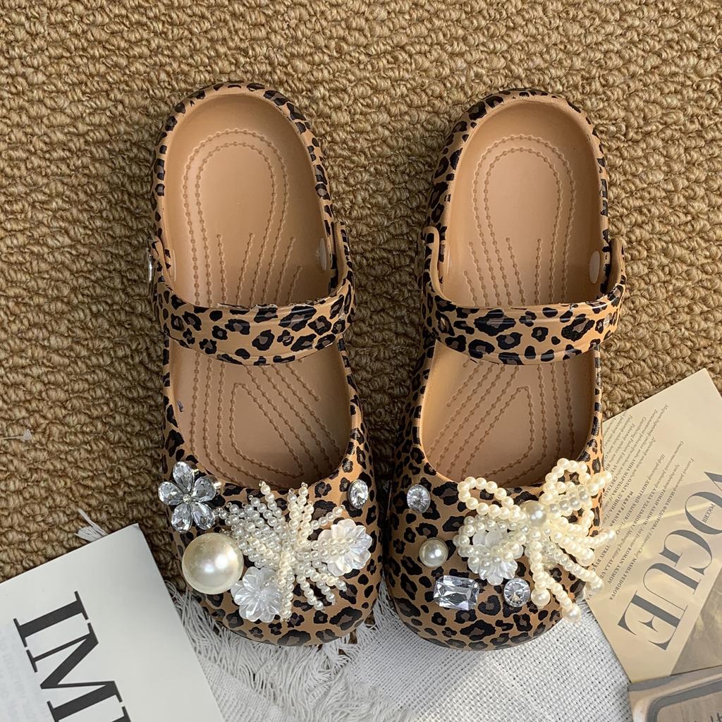 Leopard Print Diamond-Encrusted Ballet Hole Shoes Women'S Summer Wear Spring And Summer New Shoes Non-Slip Sandals Beach Shoes