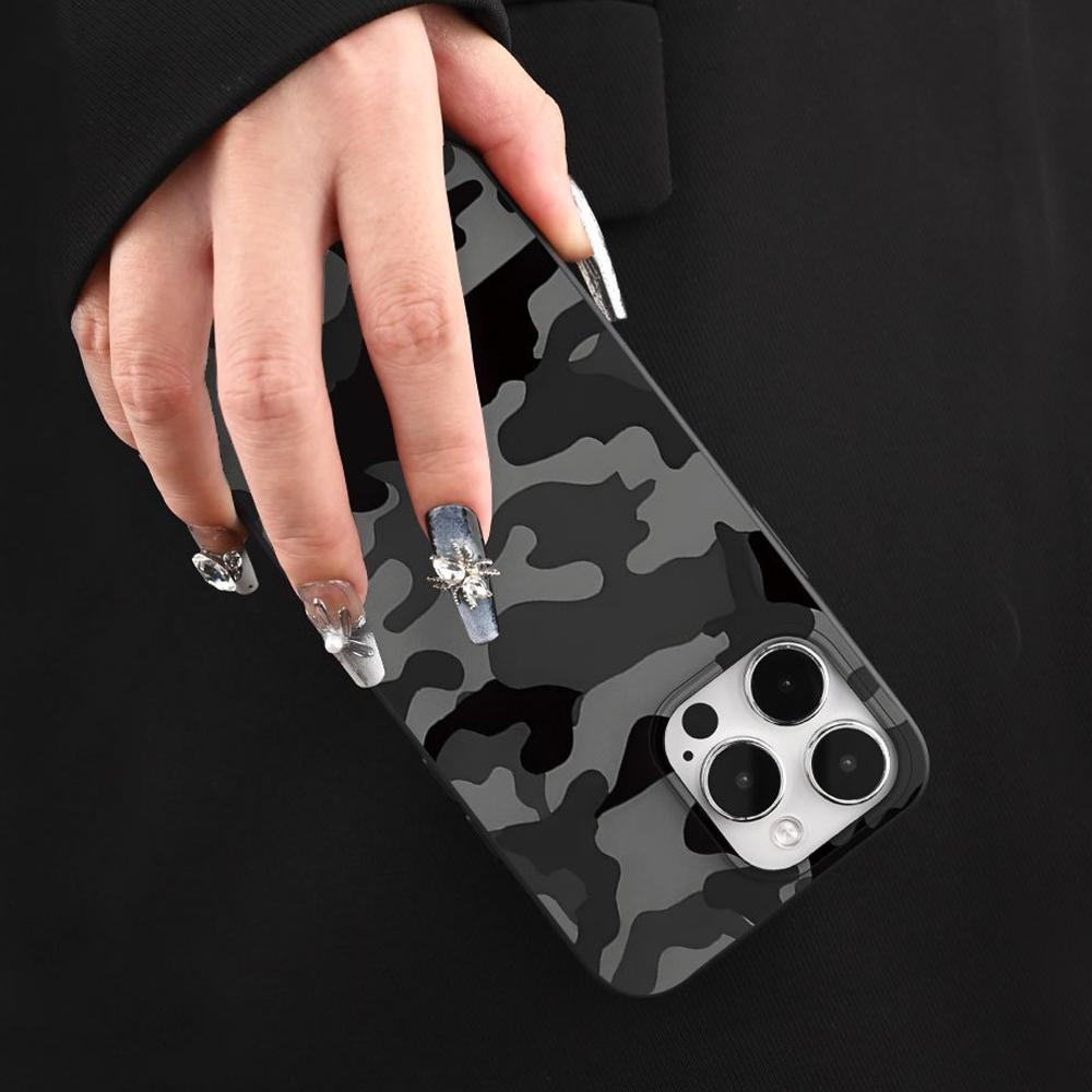 Black Grey Camouflage Print Phone Case for iPhone 16 15 14 13 12 11 Pro Max Aesthetic Camo Shockproof Cover for Men Women