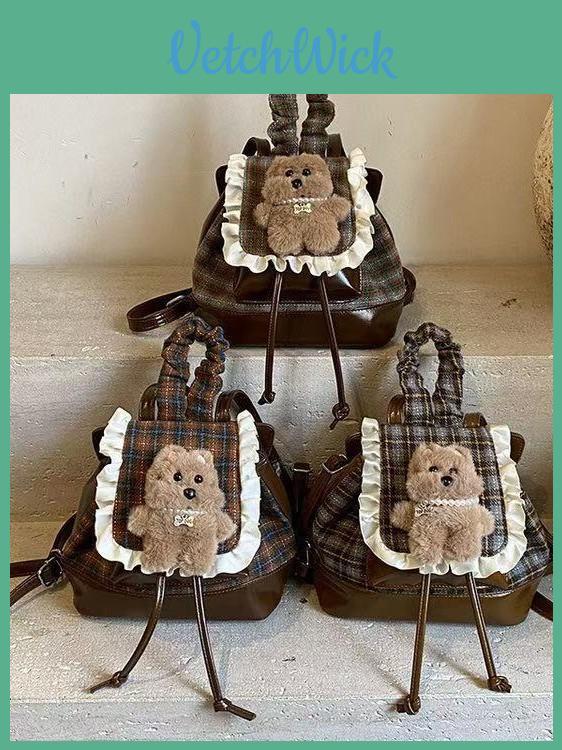Korean Flannel Pattern Bear Backpack For Casual Daily Use