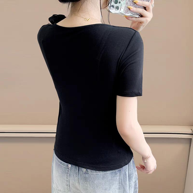 Summer New Women's Cotton T-shirts Short Sleeve Tops Trendy Elegant 3D Flower Designer Tees
