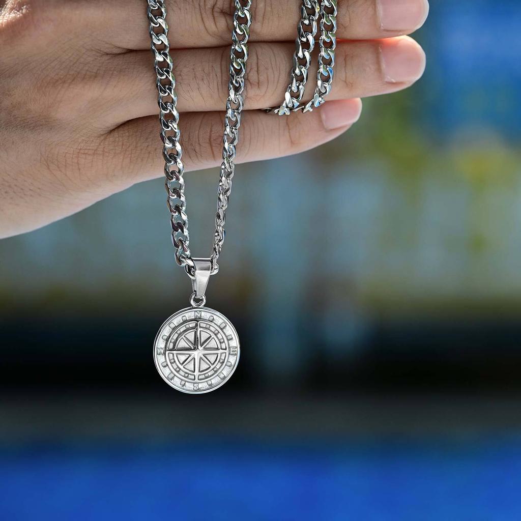 Vnox Kompass Anhänger Halskette für Männer Jungen, Edelstahl Schwarz Gold Silber Farbe Runde Münze Halskette, Punk Schmuck Geschenke