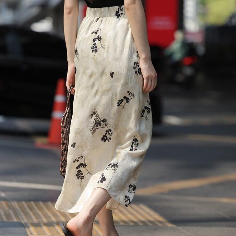 Women's Summer High-Waist Chinese Style Floral Print Midi Skirt - Flowy Drapey Long Skirt with Elegant Aesthetic