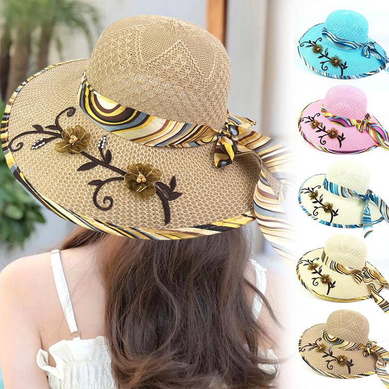 

Женская пляжная соломенная шляпа с цветочным декором и защитой от ультрафиолета, соломенная шляпа с широкими полями и бантом, летняя складная шляпа