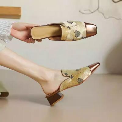 Fashion Spring Chunky Heel Sandals Women's Square Head Shallow Mouth Silk Cover Foot Anti-slip and Wear-resistant Mid-heel Slippers