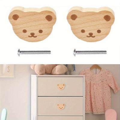 2pcs Bear Shaped Wooden Knobs Single Hole Beech Wood Handles Wood Cupboard Cabinet Handles Knobs for Chest of Drawers with Screws& Expansion Tube