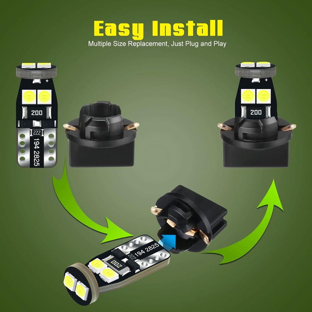 12V White T10 W5W 158 168 194 2825 trument Cluster Light LED Bulb Replacement For Dashboard Dash Panel Gauge Indicator Lamp with Socket Cross PC168