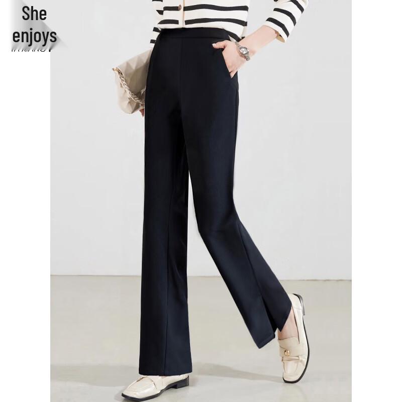 SheEnjoy Women's Black Flare Slit Hem Casual Long Pants T53X019