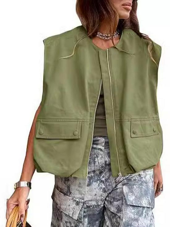 Vestă de damă fără mâneci, largă, cu buzunar și fermoar, 2024