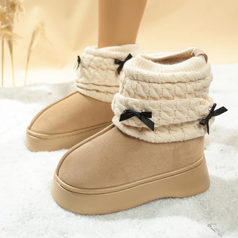 Fashion Soft Thick Bottom Snow Boots Women 2025 Winter Sweet Bowknot Knitted Leg Covers Warm Faux Fur Snow Boots Non Slip Winter Shoes
