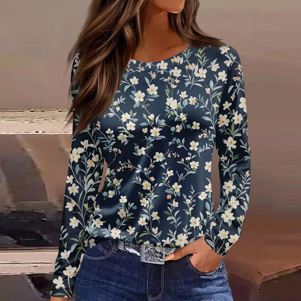 Maglietta da donna alla moda casual con spacchi sul fondo, scollo rotondo, manica lunga, ampia, stampata