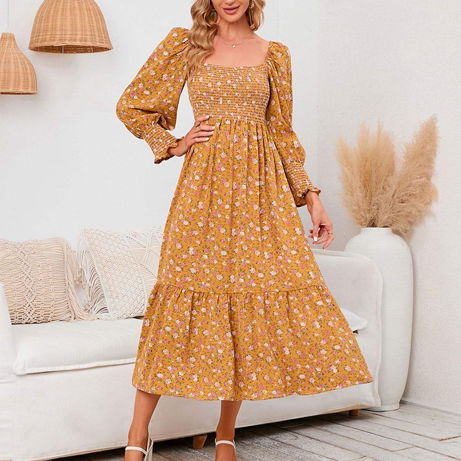 

Женская мода повседневное маленькое платье с цветочным принтом шифоновая юбка платье с длинным рукавом XXL жёлтый