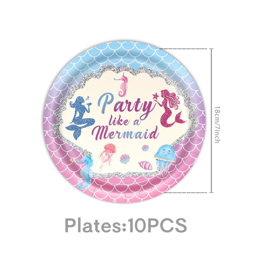 Mermaid Theme Children's Birthday Party Supplies: Cartoon Plates & Disposable Tablecloth