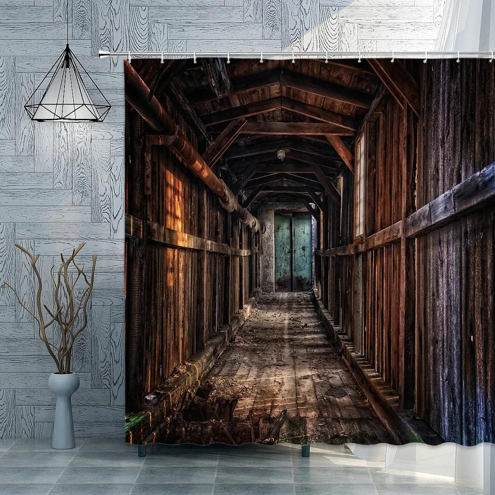 Old Fashioned Door Bookshelf Shower Curtain Creative Brick Wall Education Arched Door Pattern Bathroom Home Decor With Hooks