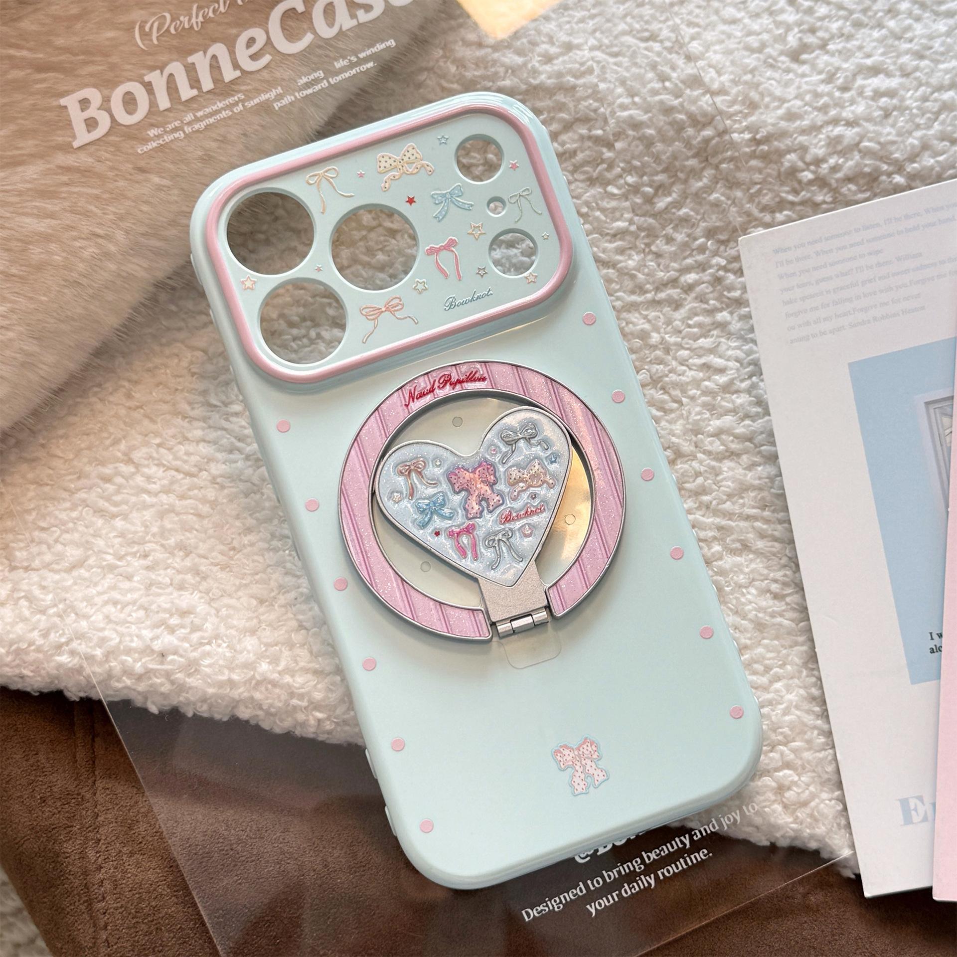 

Korean Fold Love Heart Glitter Colorful Bowknot Magnetic Holder Phone Case For iPhone 17 16 15 14 13 12 Pro Max Shockproof Cover iPhone17