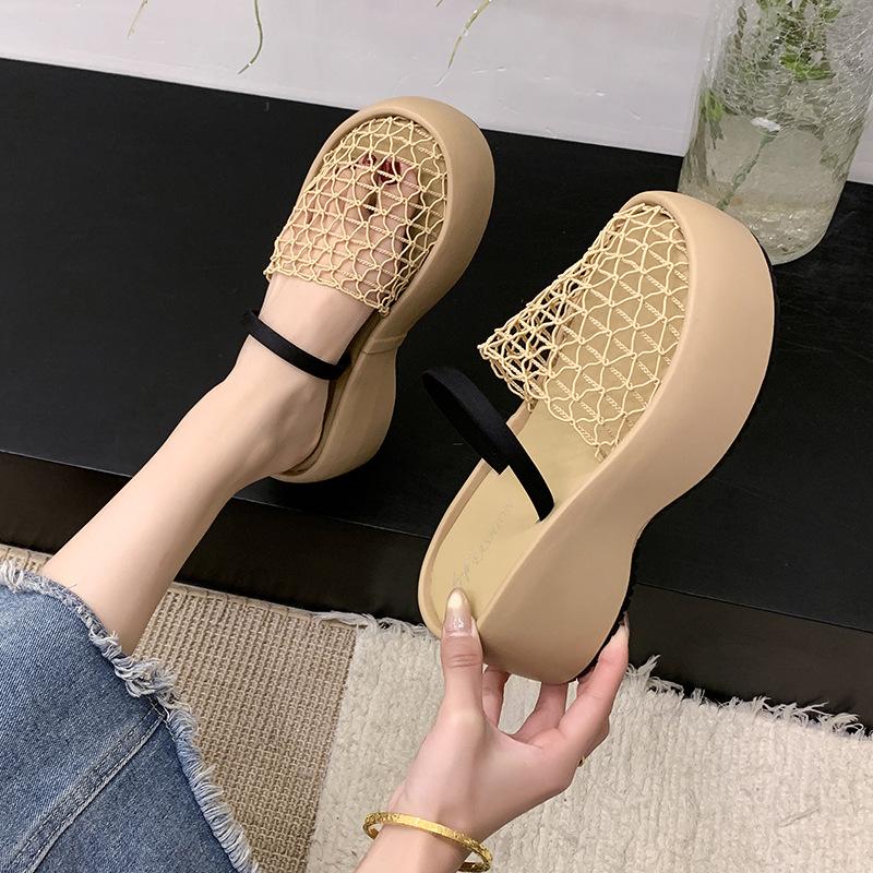 Retro Mesh Hollowed-out Bag Head Cool Slippers Women's Summer Wear Thick-soled Wedge Heels High Heels Vacation Word with Cool Slippers