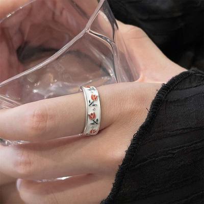 Vintage Enamel Tulip Flower Rings for Women Fashion Simple Sliver Color Adjustable Opening Finger Ring Party Weeding Jewelry