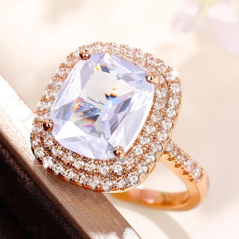 Square Micro-Set Pink Diamond Ring, Elegant Imitation Zircon Ring Wedding Ring.