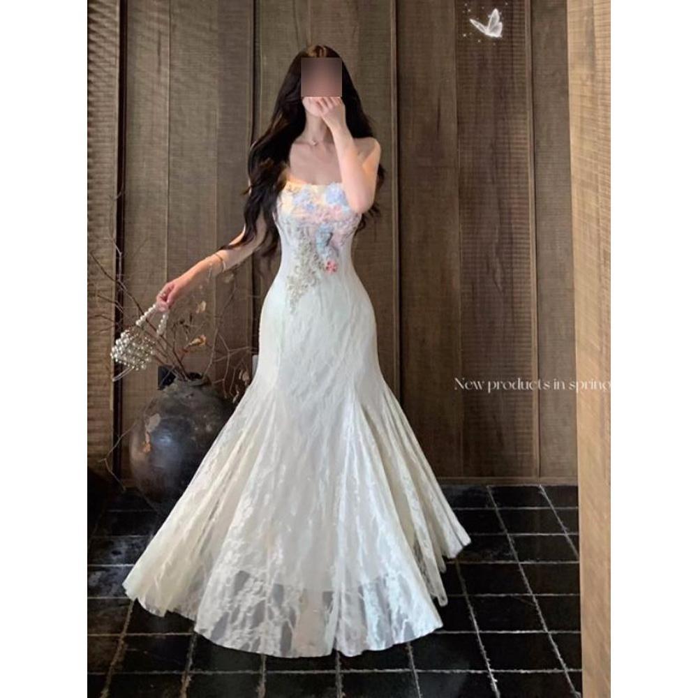 Seaside vacation wind waist mesh fishtail hip-wrapped long dress wind temperament suspender dress versatile women's summer