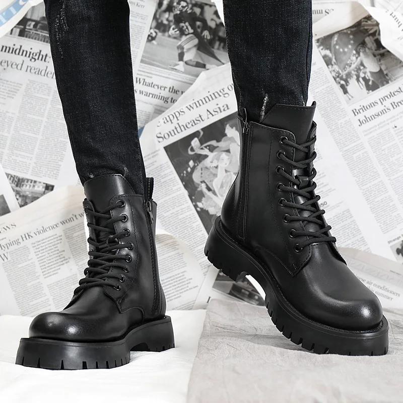 Autumn Winter Shoes Men Leather Snow Boots Thick Sole Non-slip Warm Plush Cold Winter Military Male Ankle Botas Black