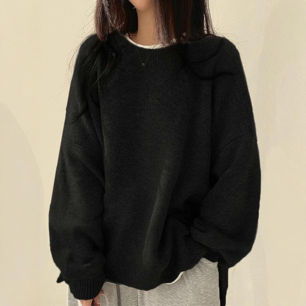 Women's Crew Neck Long Sleeve Knit Sweaters Tops Loose Fit Casual Solid Pullover Jumpers