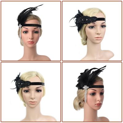 Women Beaded Flapper Performance Headwear Rhinestone Sequin Masquerade Feather Headband Indian Party Headpiece Hair Accessories