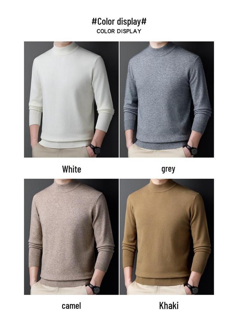 Men's 100% Cashmere Mid-Neck Black Sweater - Thickened Winter Base Layer