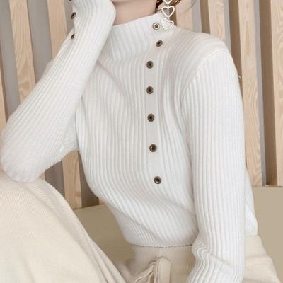 Non Pilling Button Half High Neck Sweater Women's Base Sweater Autumn Korean Version Pullover Slim Knit Sweater