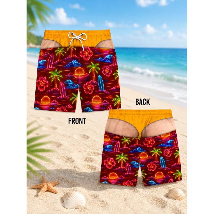 Summer men's shorts with a unique and interesting visual effect, revealing skin, loose-fitting men's Hawaiian beach shorts and swim trunks