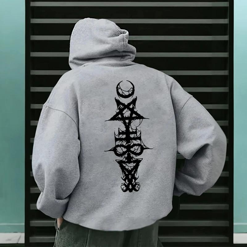 Mens Gothic Hoodie Satanic Symbol Print Street Fashion Warm Pullover Unisex Oversized Sweatshirt Outerwear Autumn Winter Outwear