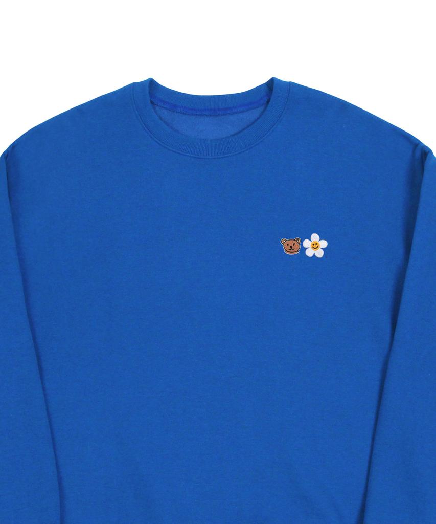 GRAVER [Unisex] Small Flower Bear Face Embroidered Smile Sweatshirt_Cobalt Blue