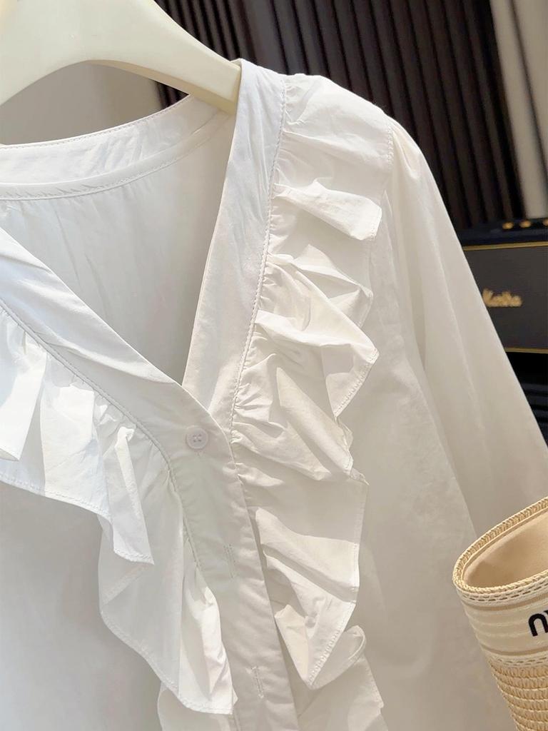Women's Spring 2026 Fashion: Design-Sense Ruffle V-Neck, Slimming Loose Long Sleeve Shirt
