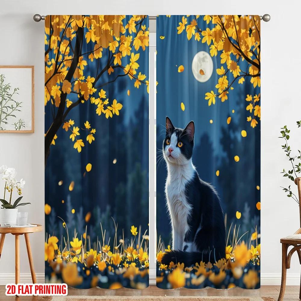 Set Of 2 Flat Printing Window Treatment Curtains Cats Staring Quiet Moonlight Polyester Fabric Without Electricity Festive Curtain