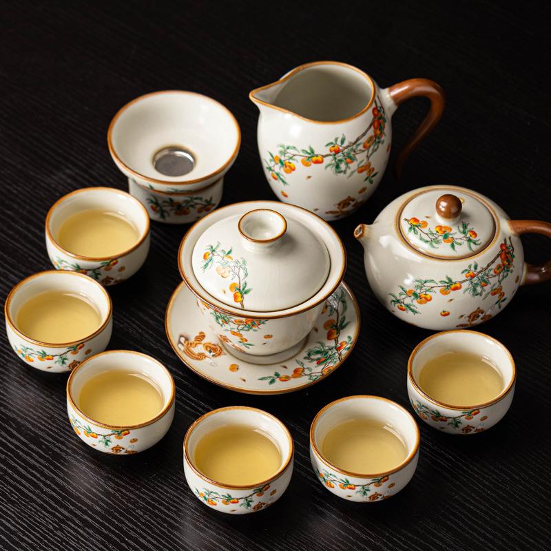 High-grade beige Ru kiln Kung Fu tea set, open film can be raised, sign a gift, business gift, gift box