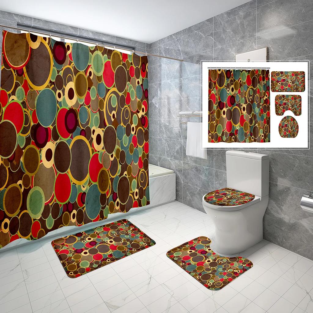 4 Sets Circles Geometry Shower Curtain Sets With Non-Slip Bath Mat,Toilet Lid Cover And Warm Color Pattern Shower Curtain Sets