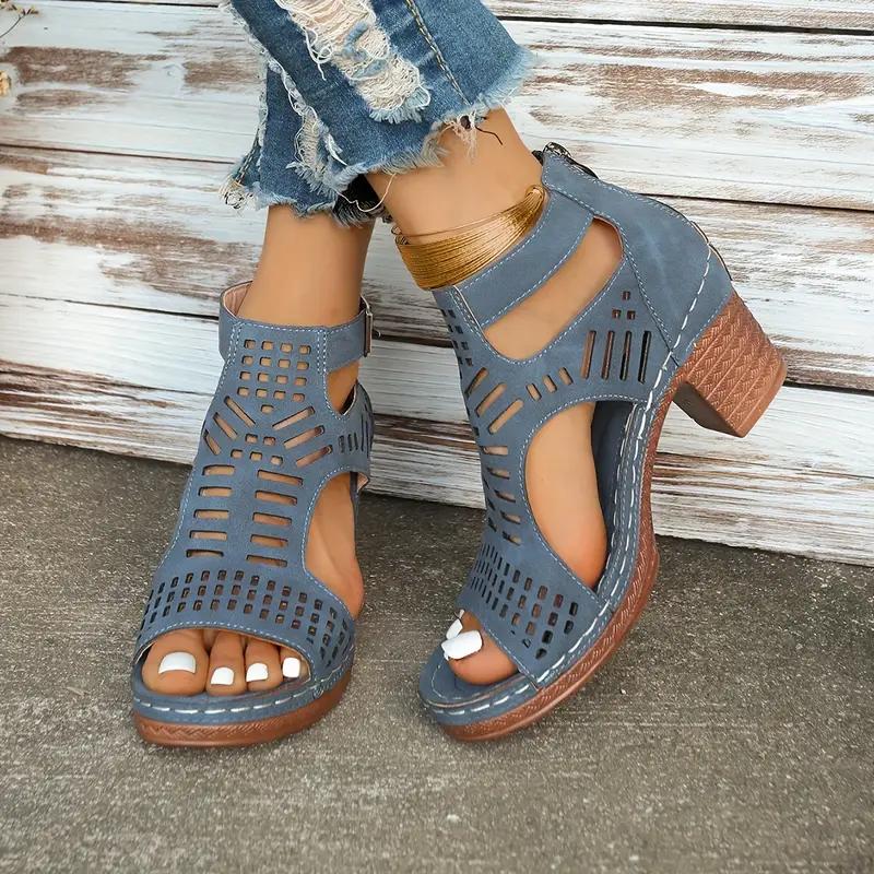 Lässige Plateausandalen für Damen im Sommer mit offener Spitze, einfarbig, ausgehöhltes Design mit Reißverschluss, High Heel-Sandalen