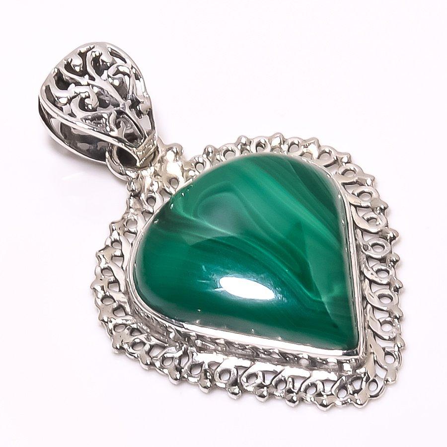 Natural Malachite Gemstone Handmade 925 Solid Sterling Silver Pendant 1.65" Q6l21