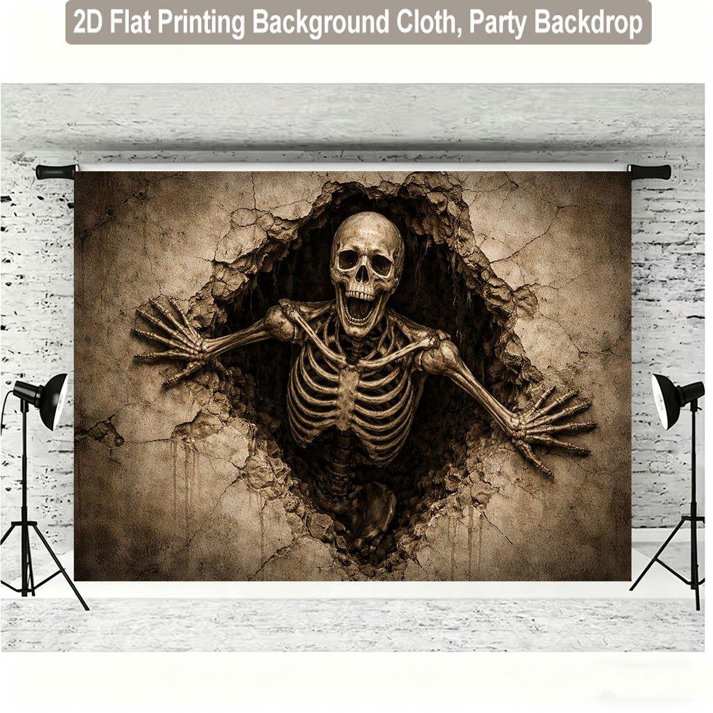1 piece of 2D flat background fabric, a background fabric featuring a protruding skeleton figure, and an indoor background